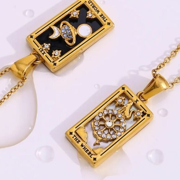 The Wheel Tarot Card Pendant Necklace 18K Gold Enamel Rectangle Stainles… - Picture 4 of 6